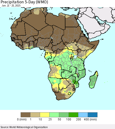 Africa Precipitation 5-Day (WMO) Thematic Map For 1/21/2025 - 1/25/2025