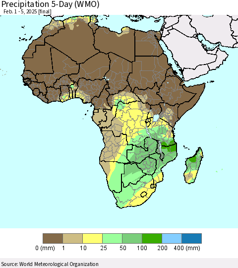 Africa Precipitation 5-Day (WMO) Thematic Map For 2/1/2025 - 2/5/2025