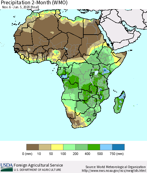 Africa Precipitation 2-Month (WMO) Thematic Map For 11/6/2019 - 1/5/2020