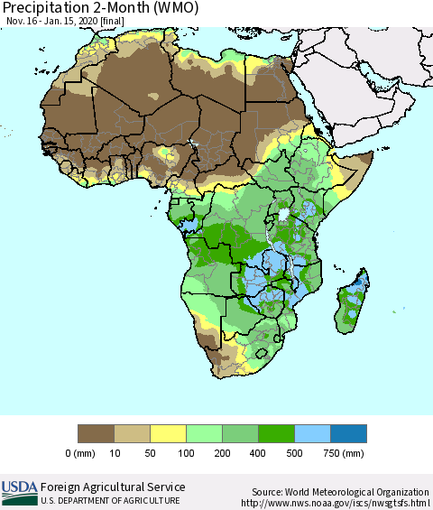 Africa Precipitation 2-Month (WMO) Thematic Map For 11/16/2019 - 1/15/2020