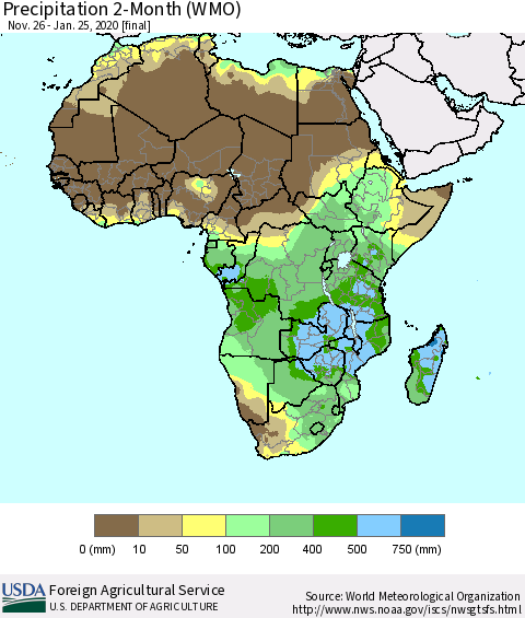 Africa Precipitation 2-Month (WMO) Thematic Map For 11/26/2019 - 1/25/2020