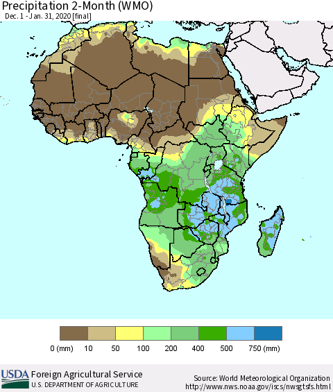 Africa Precipitation 2-Month (WMO) Thematic Map For 12/1/2019 - 1/31/2020