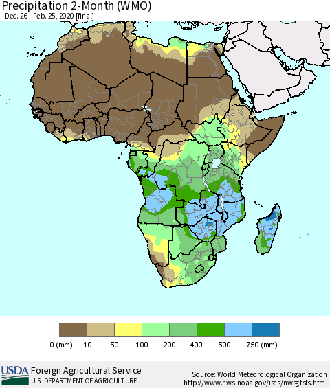 Africa Precipitation 2-Month (WMO) Thematic Map For 12/26/2019 - 2/25/2020