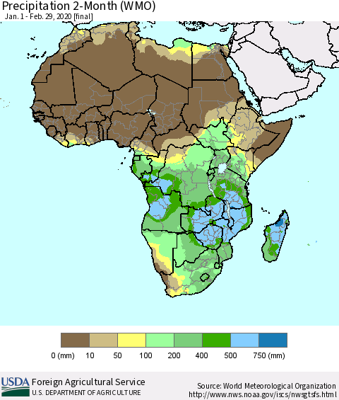 Africa Precipitation 2-Month (WMO) Thematic Map For 1/1/2020 - 2/29/2020