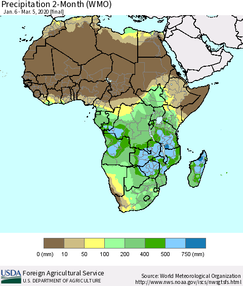 Africa Precipitation 2-Month (WMO) Thematic Map For 1/6/2020 - 3/5/2020