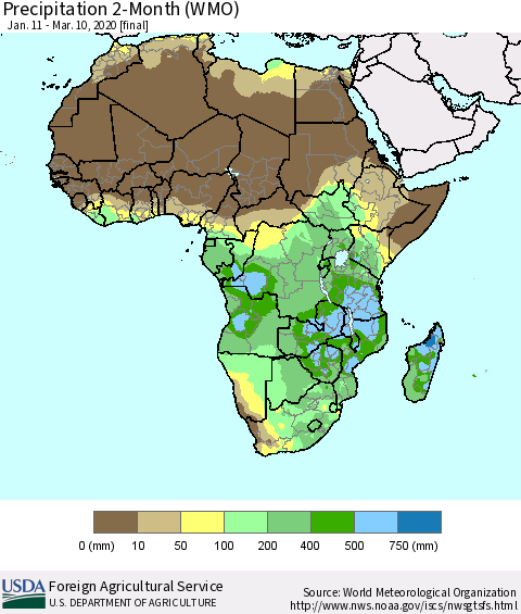 Africa Precipitation 2-Month (WMO) Thematic Map For 1/11/2020 - 3/10/2020
