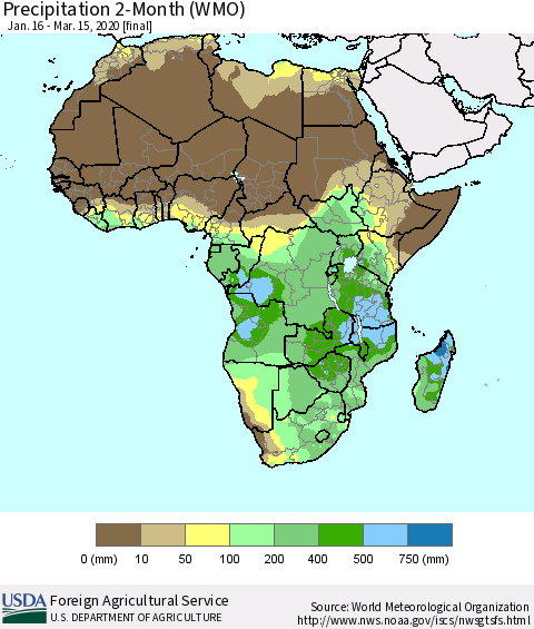 Africa Precipitation 2-Month (WMO) Thematic Map For 1/16/2020 - 3/15/2020