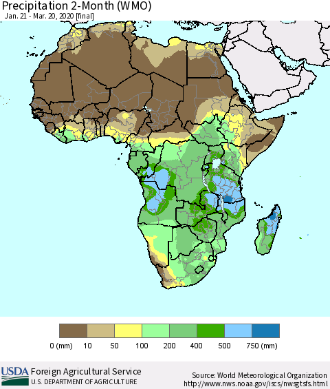 Africa Precipitation 2-Month (WMO) Thematic Map For 1/21/2020 - 3/20/2020
