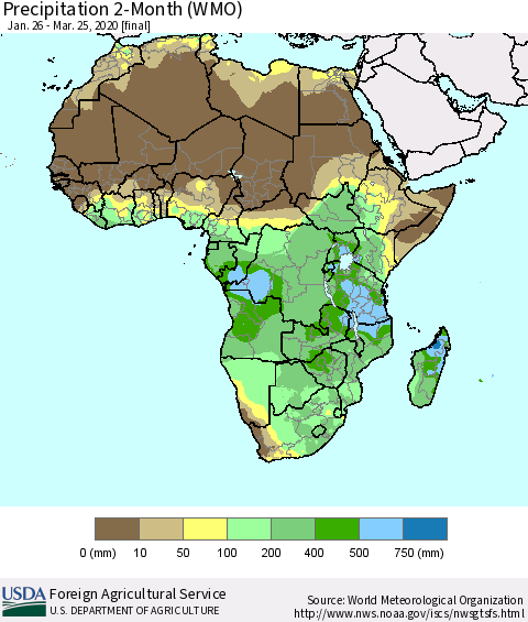 Africa Precipitation 2-Month (WMO) Thematic Map For 1/26/2020 - 3/25/2020