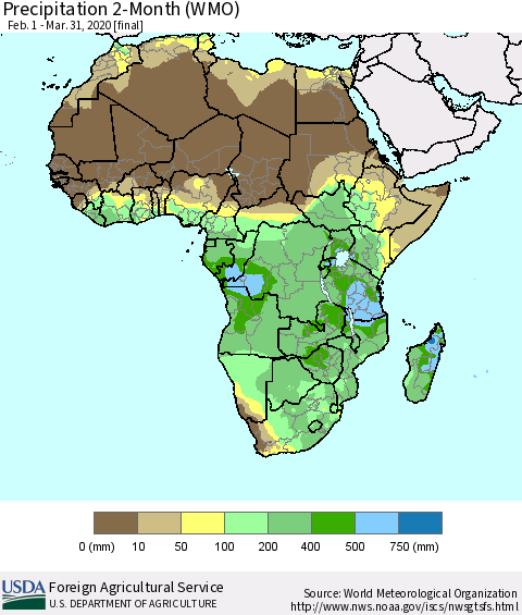Africa Precipitation 2-Month (WMO) Thematic Map For 2/1/2020 - 3/31/2020