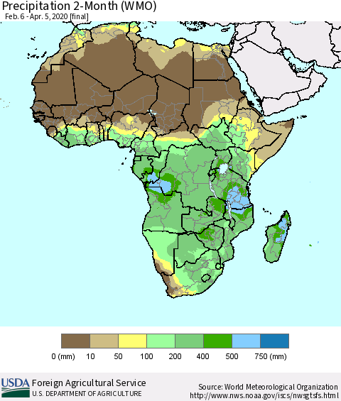 Africa Precipitation 2-Month (WMO) Thematic Map For 2/6/2020 - 4/5/2020