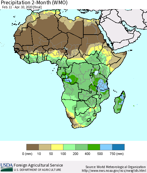 Africa Precipitation 2-Month (WMO) Thematic Map For 2/11/2020 - 4/10/2020