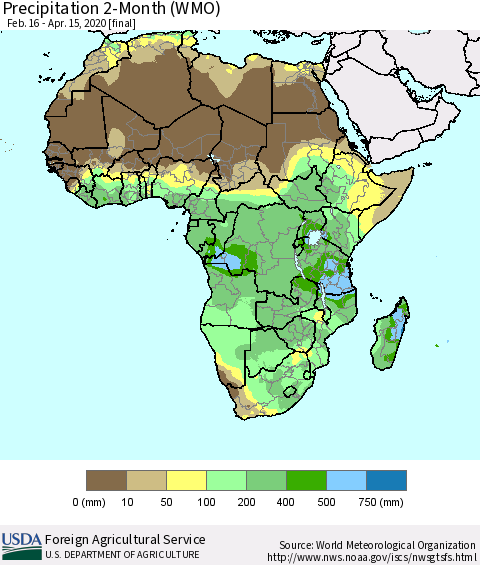 Africa Precipitation 2-Month (WMO) Thematic Map For 2/16/2020 - 4/15/2020