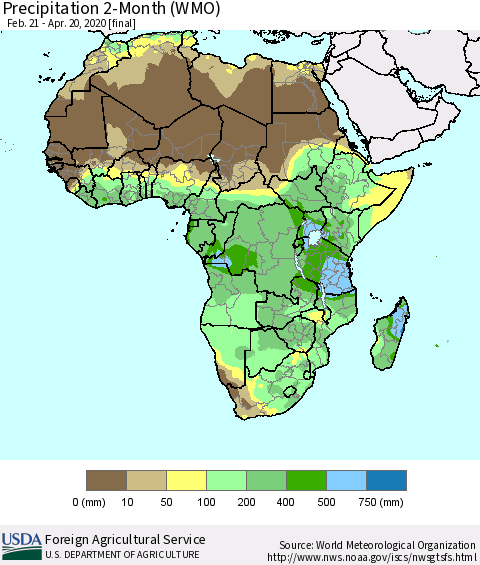 Africa Precipitation 2-Month (WMO) Thematic Map For 2/21/2020 - 4/20/2020