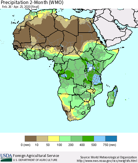 Africa Precipitation 2-Month (WMO) Thematic Map For 2/26/2020 - 4/25/2020