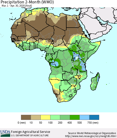Africa Precipitation 2-Month (WMO) Thematic Map For 3/1/2020 - 4/30/2020