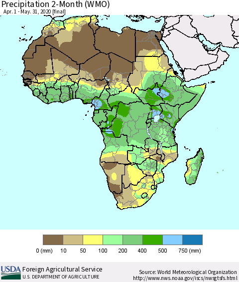 Africa Precipitation 2-Month (WMO) Thematic Map For 4/1/2020 - 5/31/2020