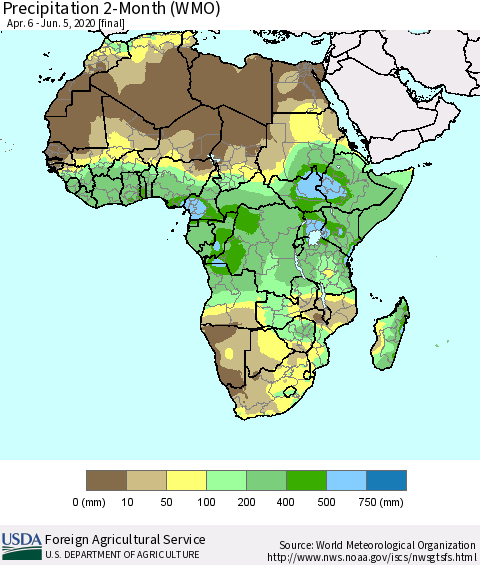 Africa Precipitation 2-Month (WMO) Thematic Map For 4/6/2020 - 6/5/2020