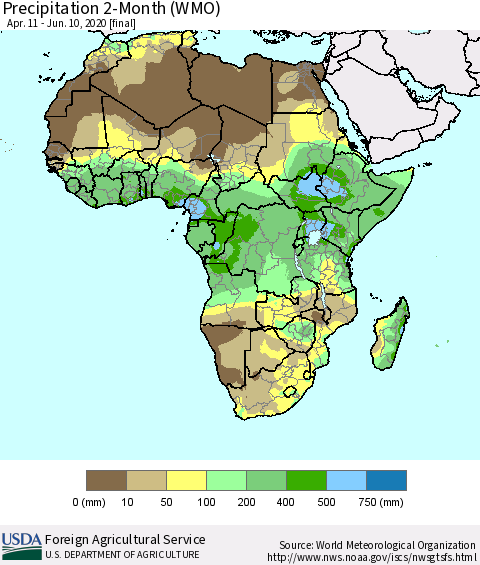 Africa Precipitation 2-Month (WMO) Thematic Map For 4/11/2020 - 6/10/2020