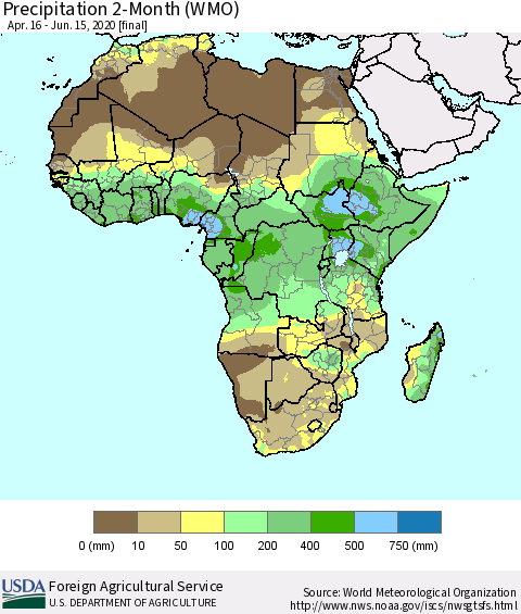 Africa Precipitation 2-Month (WMO) Thematic Map For 4/16/2020 - 6/15/2020