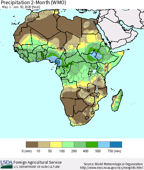 Africa Precipitation 2-Month (WMO) Thematic Map For 5/1/2020 - 6/30/2020