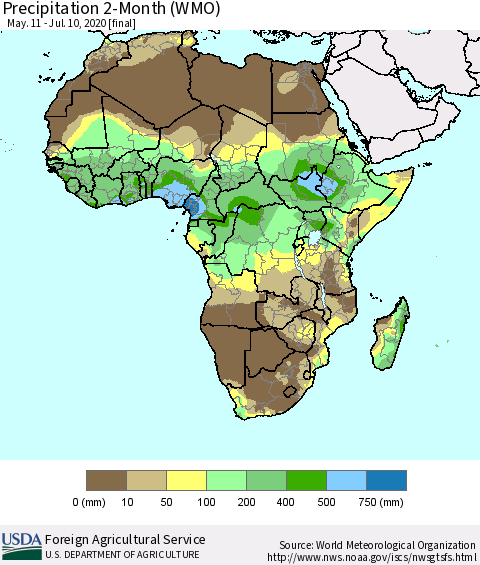 Africa Precipitation 2-Month (WMO) Thematic Map For 5/11/2020 - 7/10/2020