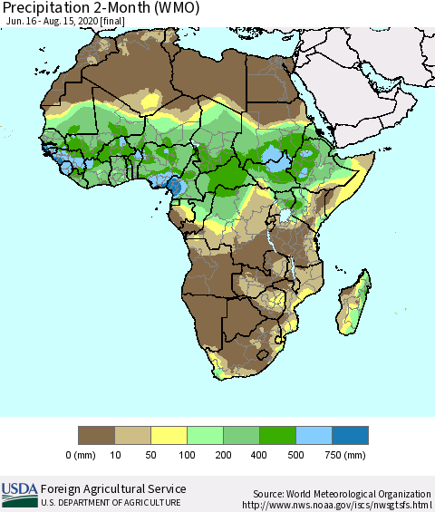 Africa Precipitation 2-Month (WMO) Thematic Map For 6/16/2020 - 8/15/2020