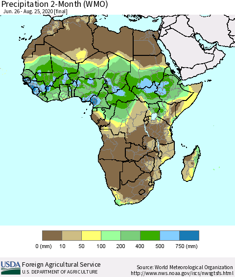 Africa Precipitation 2-Month (WMO) Thematic Map For 6/26/2020 - 8/25/2020