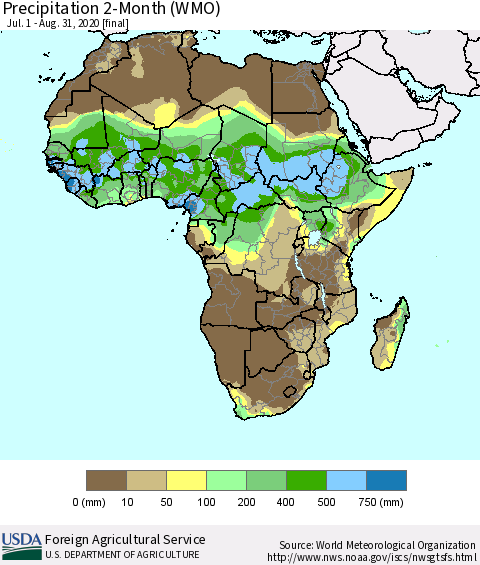 Africa Precipitation 2-Month (WMO) Thematic Map For 7/1/2020 - 8/31/2020