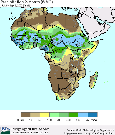 Africa Precipitation 2-Month (WMO) Thematic Map For 7/6/2020 - 9/5/2020