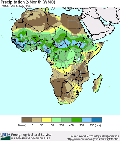 Africa Precipitation 2-Month (WMO) Thematic Map For 8/6/2020 - 10/5/2020