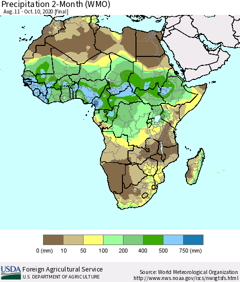 Africa Precipitation 2-Month (WMO) Thematic Map For 8/11/2020 - 10/10/2020