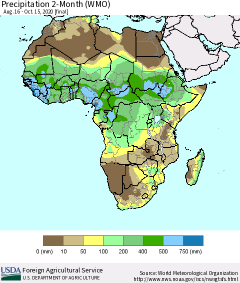 Africa Precipitation 2-Month (WMO) Thematic Map For 8/16/2020 - 10/15/2020
