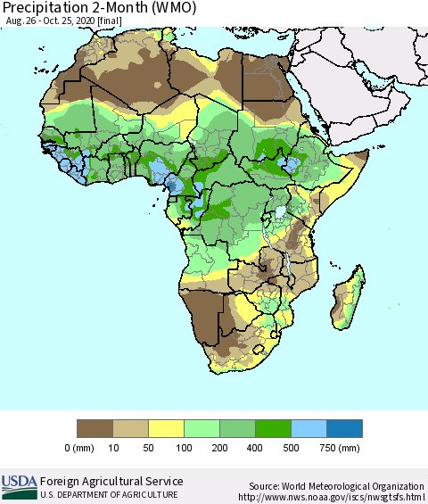 Africa Precipitation 2-Month (WMO) Thematic Map For 8/26/2020 - 10/25/2020