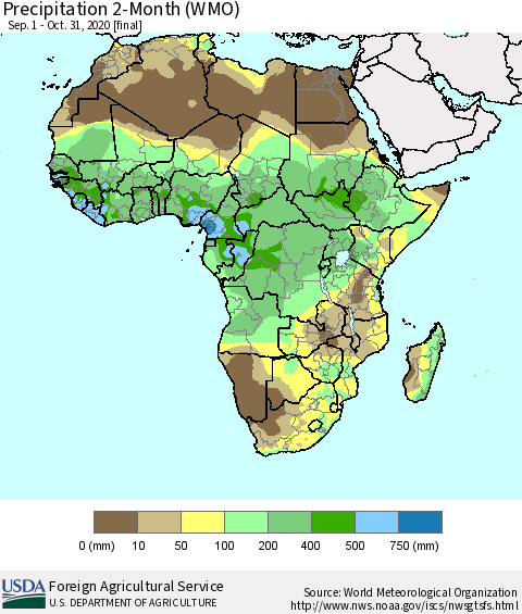Africa Precipitation 2-Month (WMO) Thematic Map For 9/1/2020 - 10/31/2020