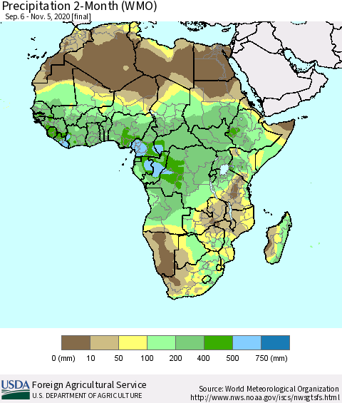 Africa Precipitation 2-Month (WMO) Thematic Map For 9/6/2020 - 11/5/2020
