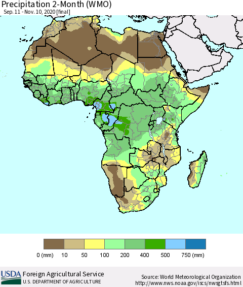 Africa Precipitation 2-Month (WMO) Thematic Map For 9/11/2020 - 11/10/2020