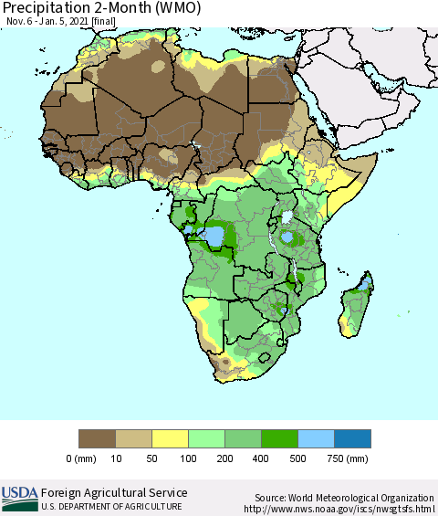 Africa Precipitation 2-Month (WMO) Thematic Map For 11/6/2020 - 1/5/2021
