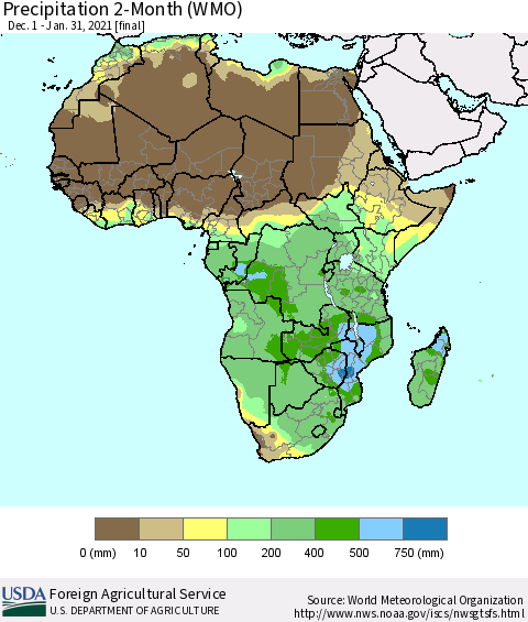 Africa Precipitation 2-Month (WMO) Thematic Map For 12/1/2020 - 1/31/2021