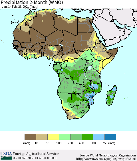 Africa Precipitation 2-Month (WMO) Thematic Map For 1/1/2021 - 2/28/2021