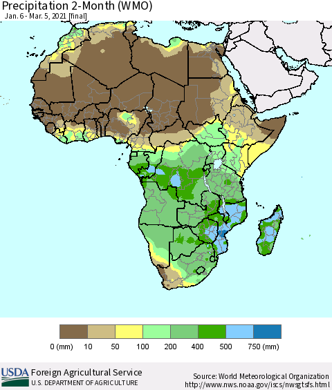 Africa Precipitation 2-Month (WMO) Thematic Map For 1/6/2021 - 3/5/2021
