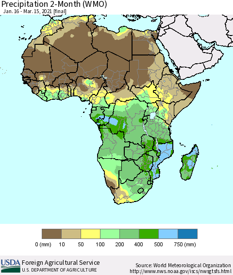 Africa Precipitation 2-Month (WMO) Thematic Map For 1/16/2021 - 3/15/2021