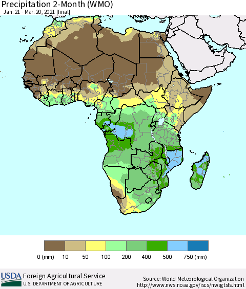 Africa Precipitation 2-Month (WMO) Thematic Map For 1/21/2021 - 3/20/2021