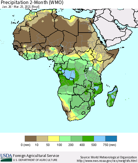 Africa Precipitation 2-Month (WMO) Thematic Map For 1/26/2021 - 3/25/2021