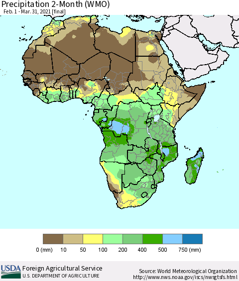 Africa Precipitation 2-Month (WMO) Thematic Map For 2/1/2021 - 3/31/2021