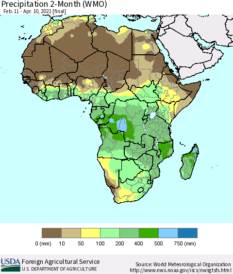 Africa Precipitation 2-Month (WMO) Thematic Map For 2/11/2021 - 4/10/2021