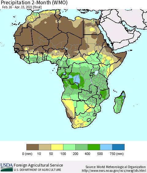 Africa Precipitation 2-Month (WMO) Thematic Map For 2/16/2021 - 4/15/2021
