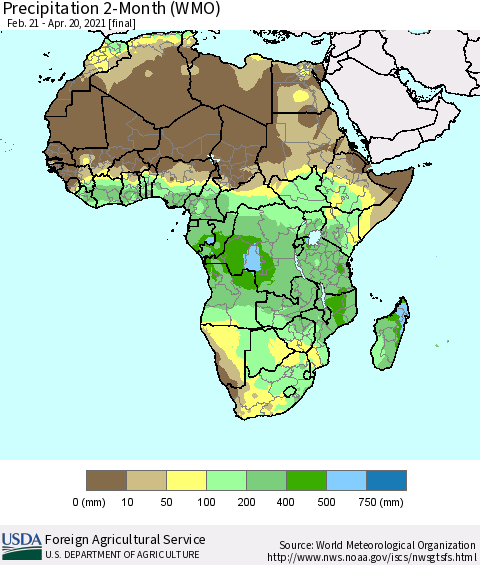 Africa Precipitation 2-Month (WMO) Thematic Map For 2/21/2021 - 4/20/2021