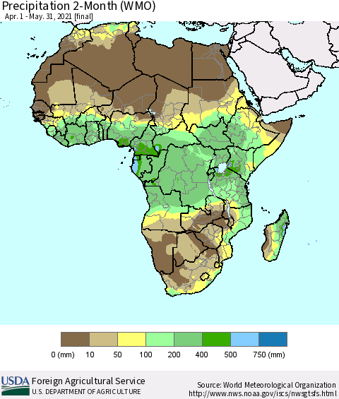 Africa Precipitation 2-Month (WMO) Thematic Map For 4/1/2021 - 5/31/2021