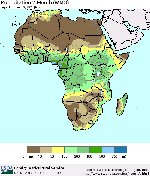 Africa Precipitation 2-Month (WMO) Thematic Map For 4/11/2021 - 6/10/2021